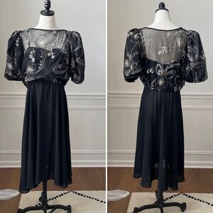 Black Blouson Top Pouf Sleeve Midi Dress L